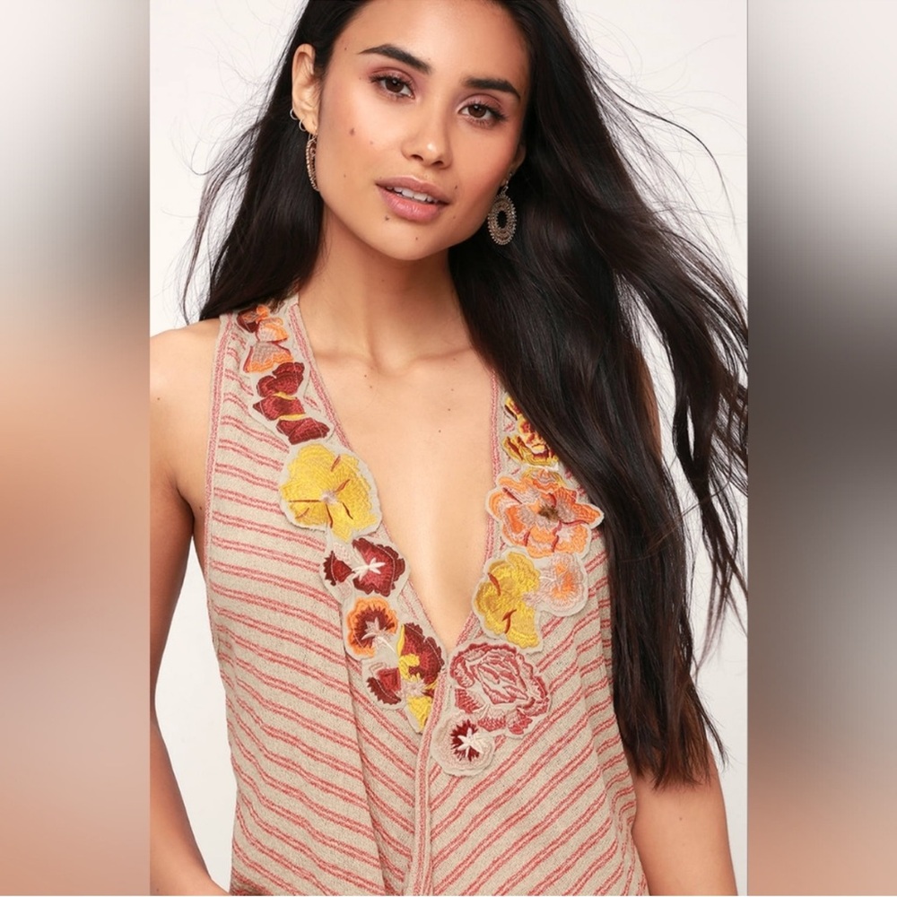 FREE PEOPLE Frida Striped Tan Orange Surplice Floral Applique Tank Top Large
